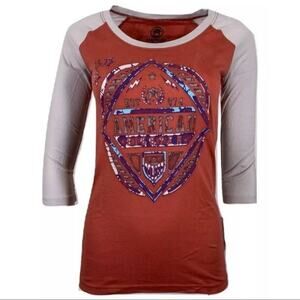 American Fighter MMA beige & red 3/4 sleeve shirt top women's size small biker